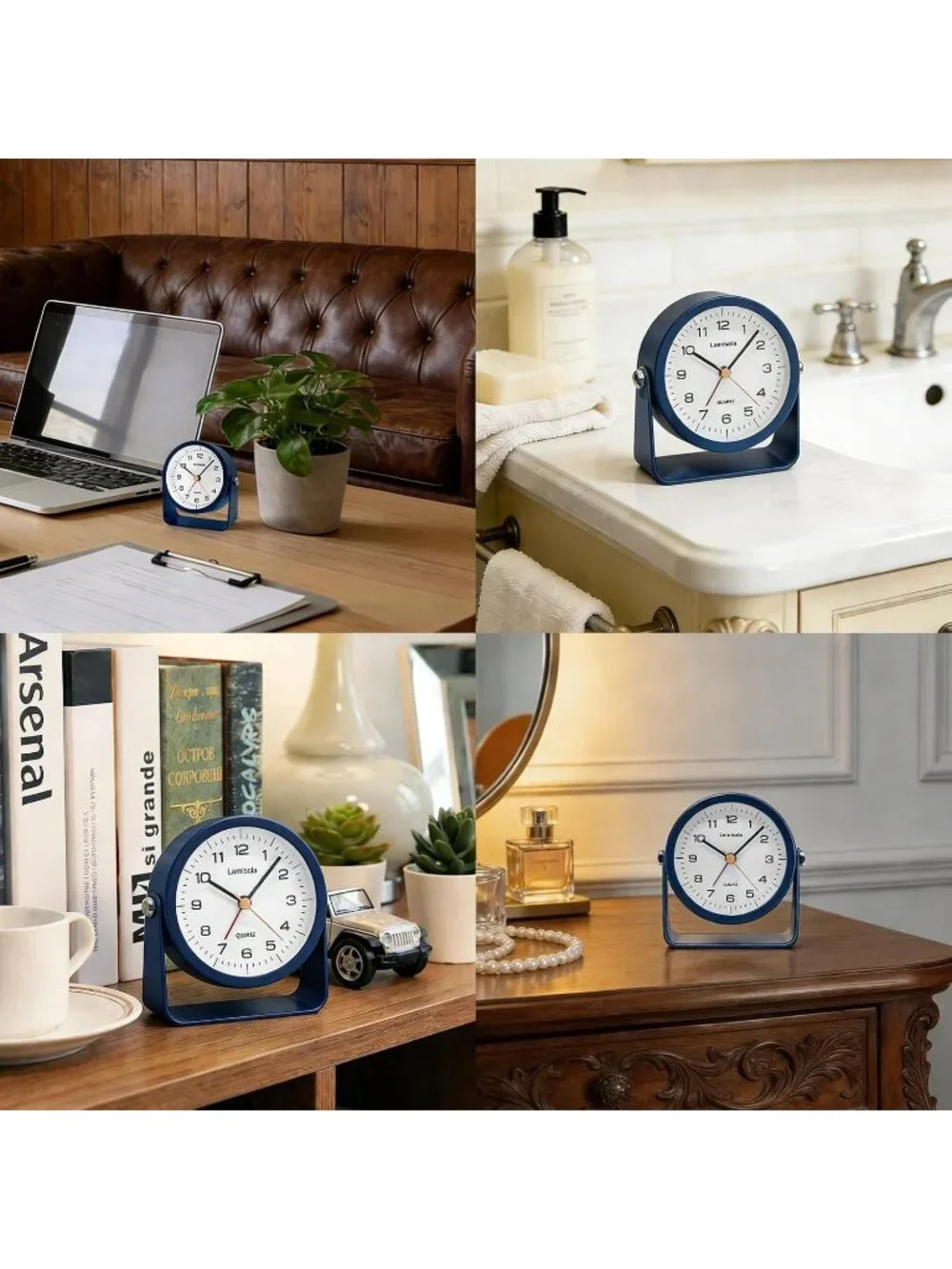 Home Navy Blue Analog Quartz Battery Vintage Operated Silent Desk Alarm Clock